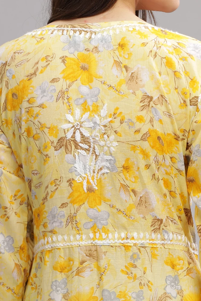 Flowery Yellow Mulmul Cotton Anarkali Gown with White Chikankari Embroidery-9.webp